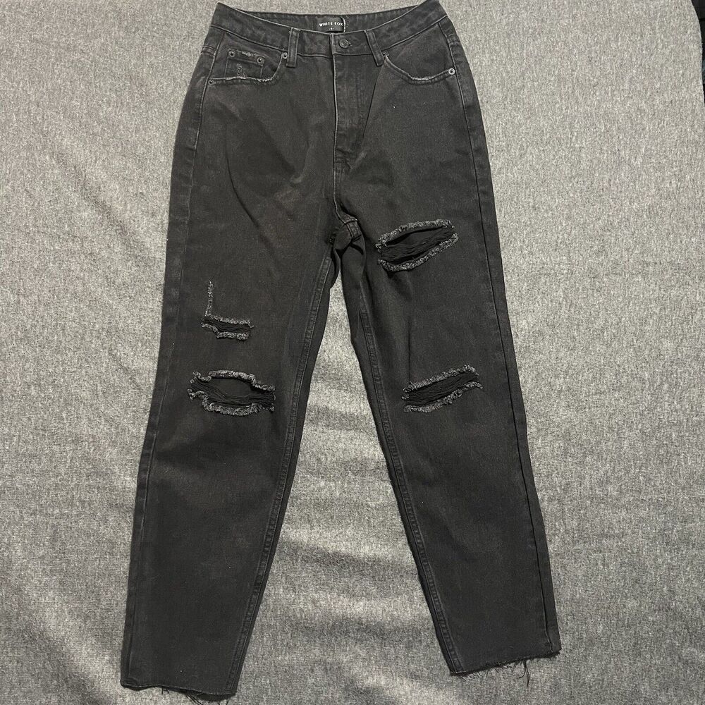 White Fox Black Denim Jeans Womens Small High Rise Distressed Straight Leg Mom